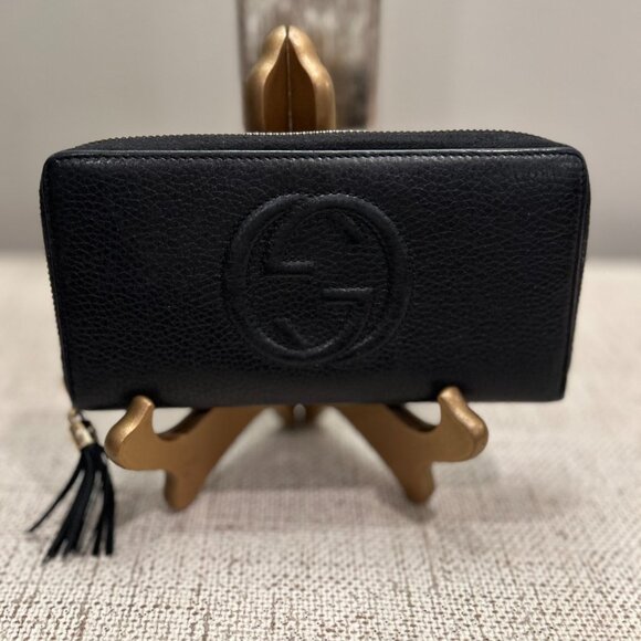 Gucci Black Pebbled Calfskin Fringe Tassel Soho Zip Around Continental Wallet - Picture 1 of 9